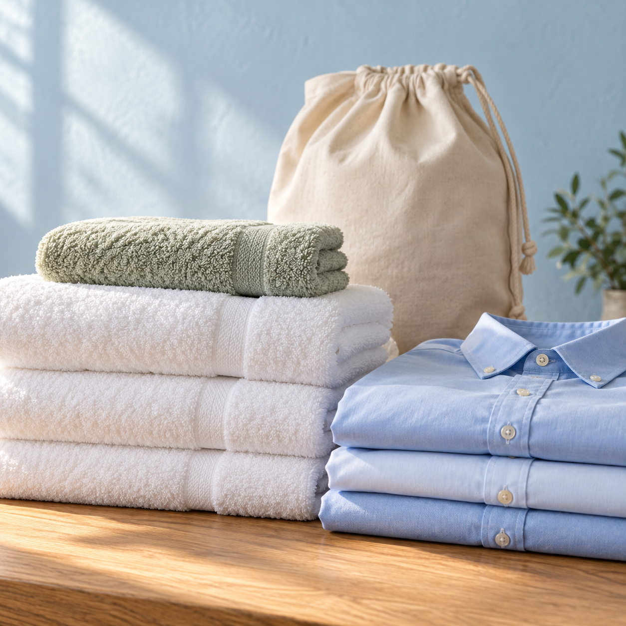Freshly folded towels and blue shirts beside a canvas laundry bag